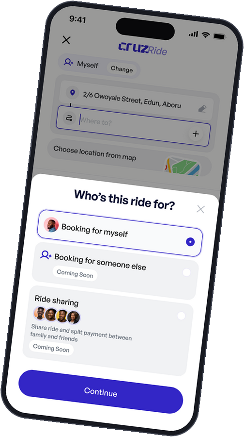 Cruz Ride passenger app, choosing who a ride is for