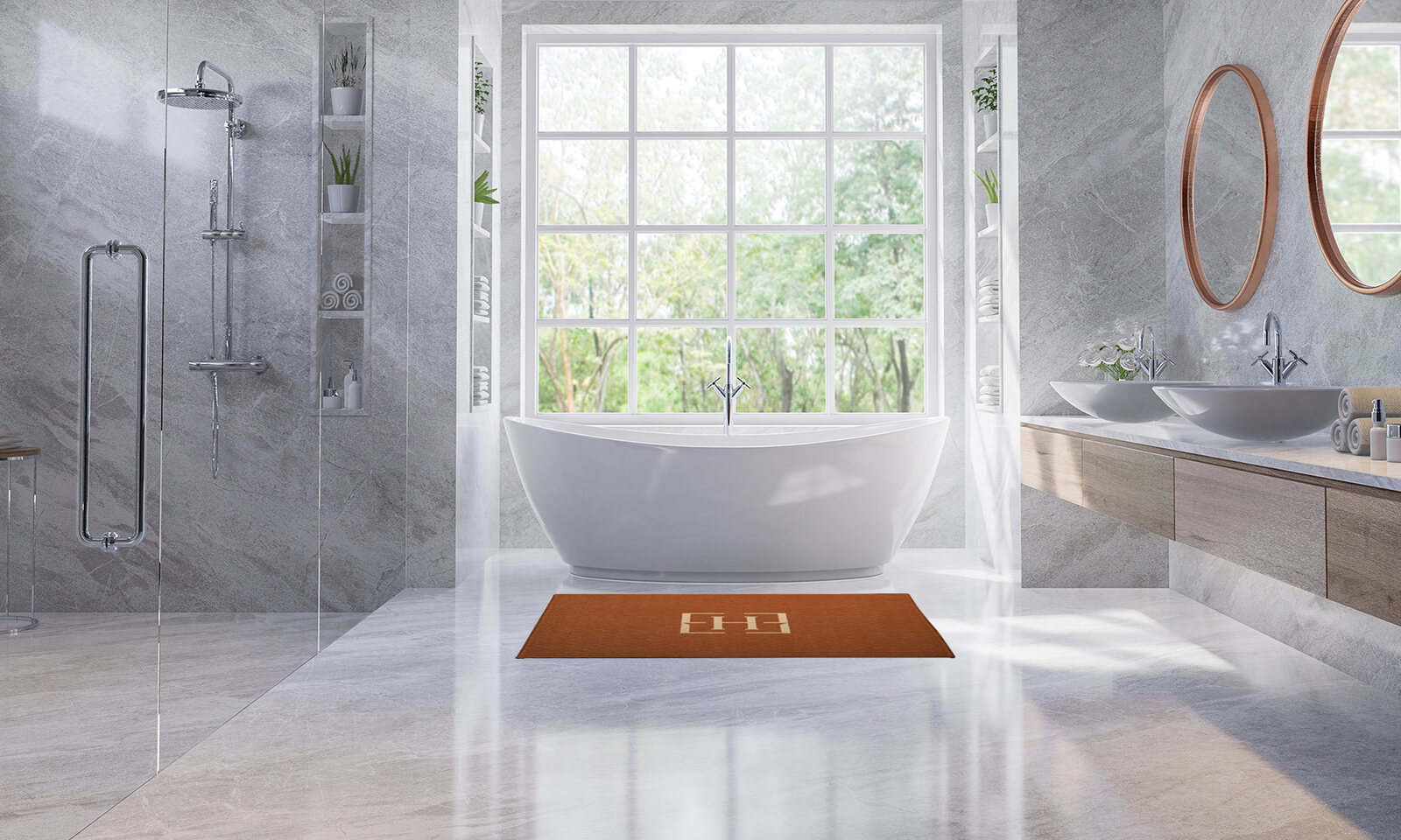 Branded bath mat in the ensuite